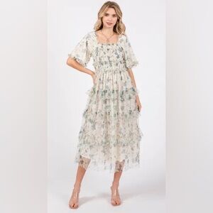 Pink blush Cream Floral Mesh Smocked Ruffle Tiered Dress